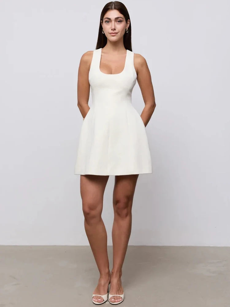 Women White Sleeveless U Neck Mini Dress A Line Flare Short Dress Elegant Office Wedding Guest Cocktail Party Vestidos