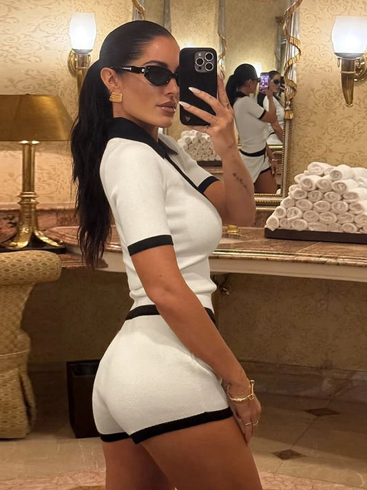 Sporty Casual 2 piece Set Women Tracksuit Hipster Polo Neck Crop Tops+Button Shorts Matching Skinny Stretch Streetwear