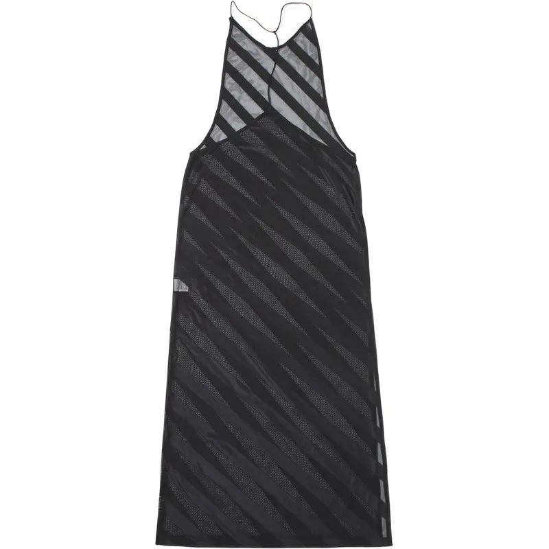 See Through Striped Mesh Dress White Black Open Back Long Maxi Summer Dresses for Woman Beach Vacation Outfit