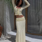 Creamy Color Style 2 Piece Set Women Ruffles Low-Neck Shirring Crop Tops+Ruched Waist Long Skirts Street Elegant Suit