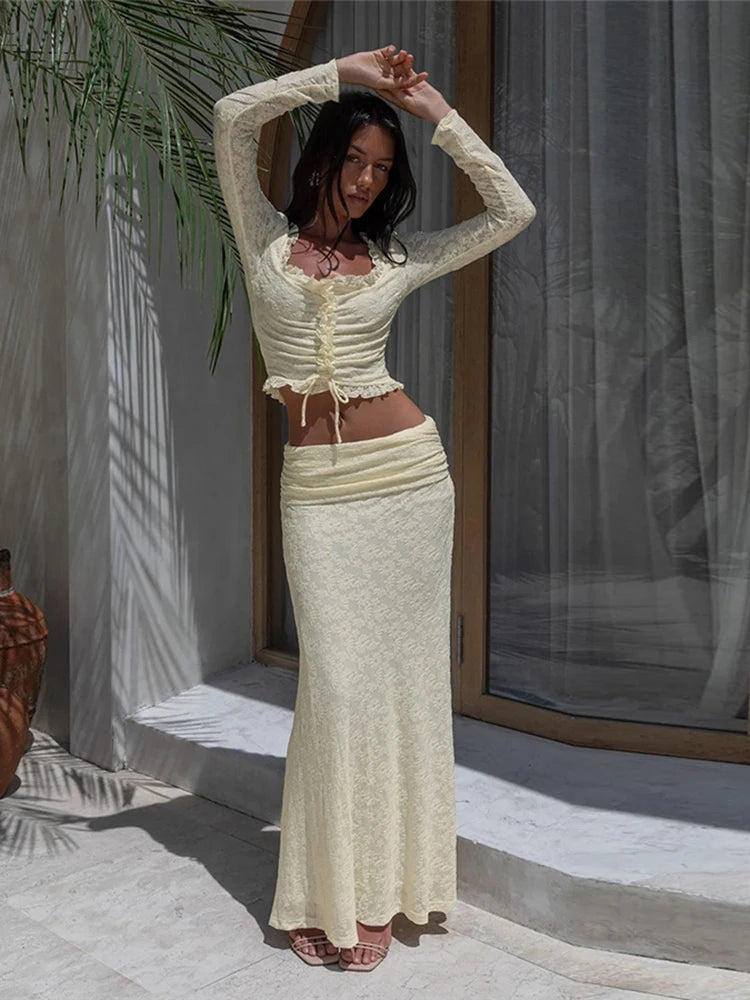 Creamy Color Style 2 Piece Set Women Ruffles Low-Neck Shirring Crop Tops+Ruched Waist Long Skirts Street Elegant Suit