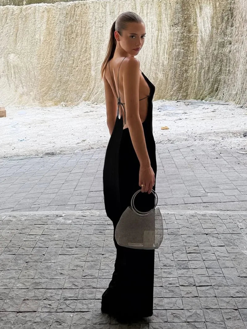 Open Back Spaghetti-strap Maxi Dress Elegant Sexy Women's Summer Dresses Black Gown Vacation Outfits