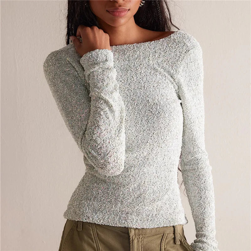 Backless Draped Cowl Neck Sparkly Shirt Women Long Sleeve Y2k Shiny Sequin Slim Crop Top Club Party Night Glitter Tee