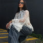 Women's Sheer Shirts Flare Long Sleeve Mock Neck Lace Floral Tops Fashion Ruffled Peplum Hem Cropped Blouse Streetwear