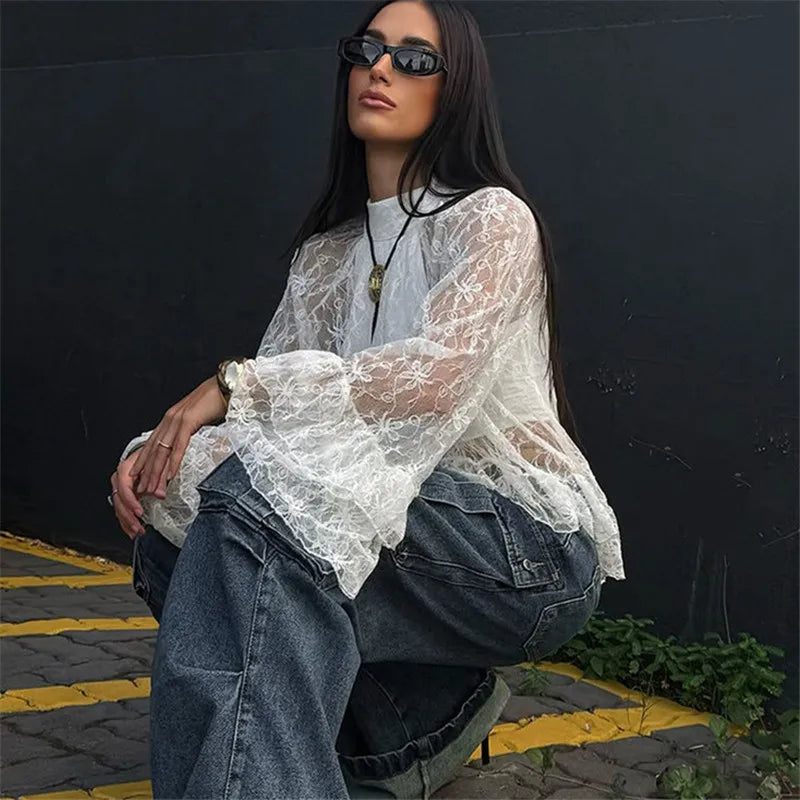 Women's Sheer Shirts Flare Long Sleeve Mock Neck Lace Floral Tops Fashion Ruffled Peplum Hem Cropped Blouse Streetwear