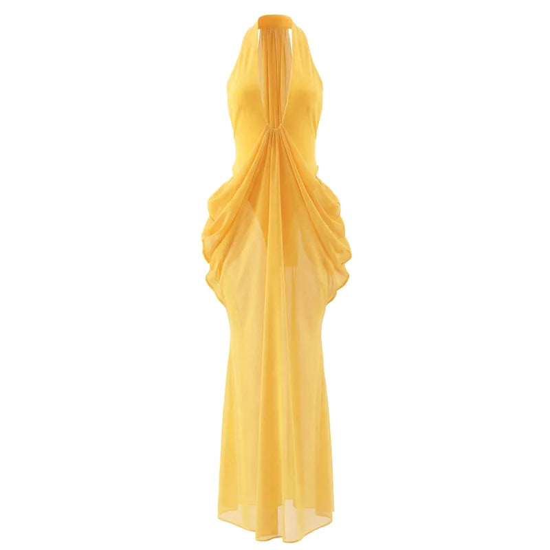 Deep V Neck Backless Maxi Dresses for Woman Sexy Elegant Mesh Patchwork Yellow Fancy Dinner Dress