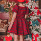 Ladies Retro Plaid Christmas Dress Square Neck Puff Short Sleeve Bow Waist A Line Swing Holiday Party Mini Dress