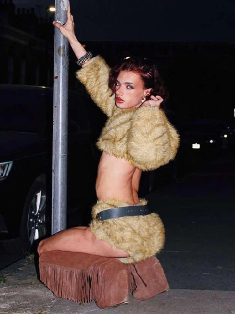 Plush 2-Piece Set Women Lapel Full Sleeve Crop Tops+Zipper Mini Shorts Sexy Winter Trend Midnight Street Wild Hottie Suit