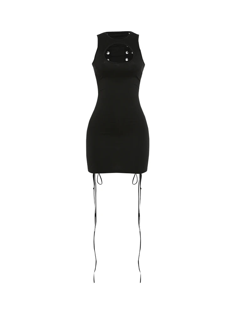 Cross Bandage Hollow Design Dress Woman o-Neck Sleeveless Skinny Peach Hip Hot Girls Midnight Party Sexy Mini Bodycon