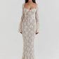 Lace Print Long Flare Sleeve Sexy Maxi Dress For Women Fashion Square Collar Backless Bodycon Club Party Sexy Dress