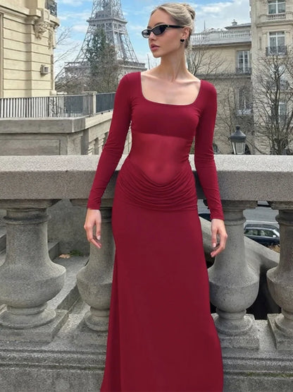 Mesh Splicing Long Sleeve Dresses for Woman Clothing Fall 2025 Sexy Party Maxi Dress Wedding Guest