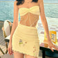 Sweet 2Piece Set Women Mesh Patchwork Splits Sleeveless Backless Tops+Folds Skirt Vacation Beach Party Matching Suit