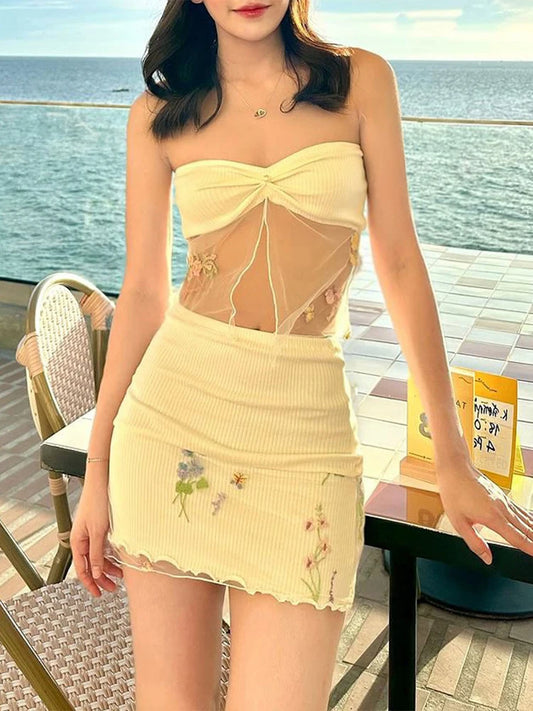 Sweet 2Piece Set Women Mesh Patchwork Splits Sleeveless Backless Tops+Folds Skirt Vacation Beach Party Matching Suit