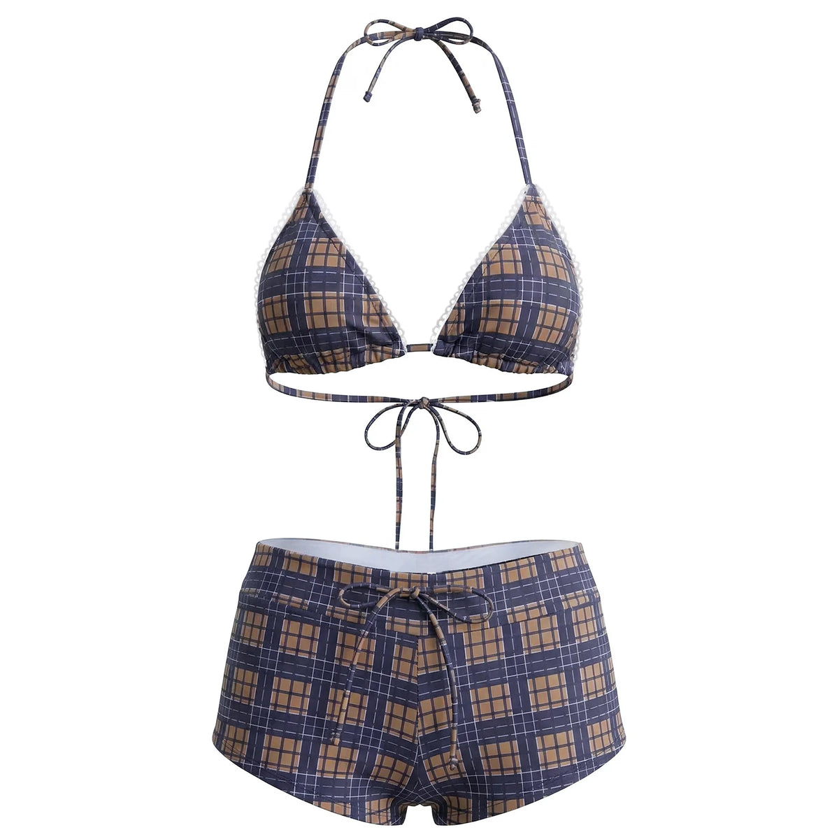Women's 2 Piece Bikini Set Fashion Plaid Print Sleeveless Halter Neck Triangle Tops and Low Waist Boyshorts Bathing Suit
