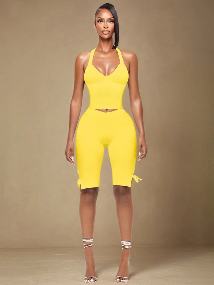 Bow 2Piece Set Women Casual Halter Backless V-Neck Tank Tops+Split Bike Shorts Sporty Stretch Solid Summer Sweatsuits