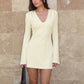 Women Deep V Neck Long Sleeve Sexy Mini Dress Pleated Shoulder Ruched Waist Bodycon Dress Elegant Club Party Dresses