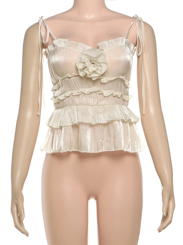 Sexy See Through Camisole Women Summer Trend 3d Flower Decoration Backless Ruffles Hem Street Y2K Style Elegant Tops