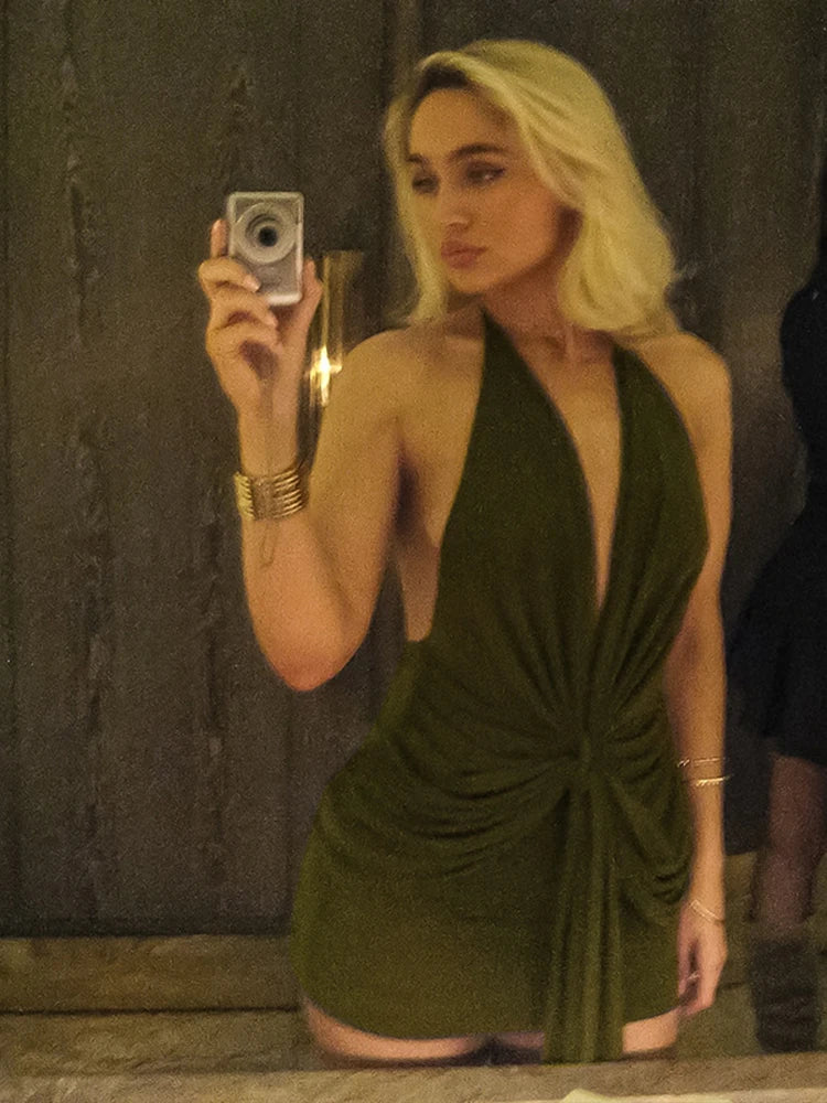 Ruched Belt Ribbon Sexy Dress Women Deep V-Neck Simple Elegant Backless Sleeveless Lace-up Halter Midnight Club Party