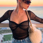 See Through Folds t-Shirt Women Low-Neck Full Sleeve Elasticity Skinny Sexy Hottie Midnight Autumn Fashion Streetwear