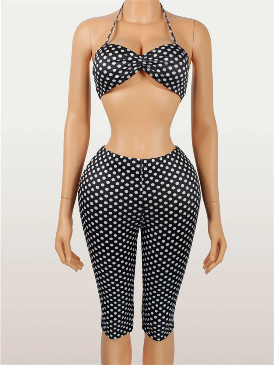 Wild Vacation 2 Piece Set Women Polka Dot Print Halter Tank Tops+Bike Shorts Stretch Matching Street Party Outfits