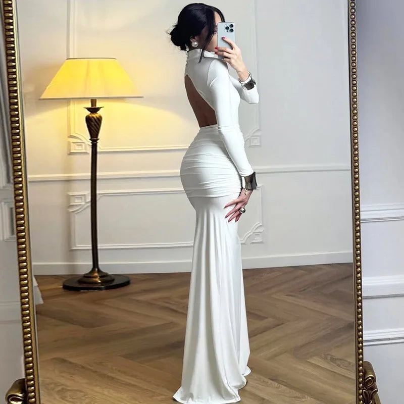 Long Sleeve Ruched Backless Fishtail Maxi Dress Sexy Elegant White Evening Gown Fall Winter Party Dresses