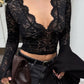 See Through Lace Shirts & Blouses Sexy Black Deep V Neck Long Sleeve Crop Top Woman 2025 Fall Clothes