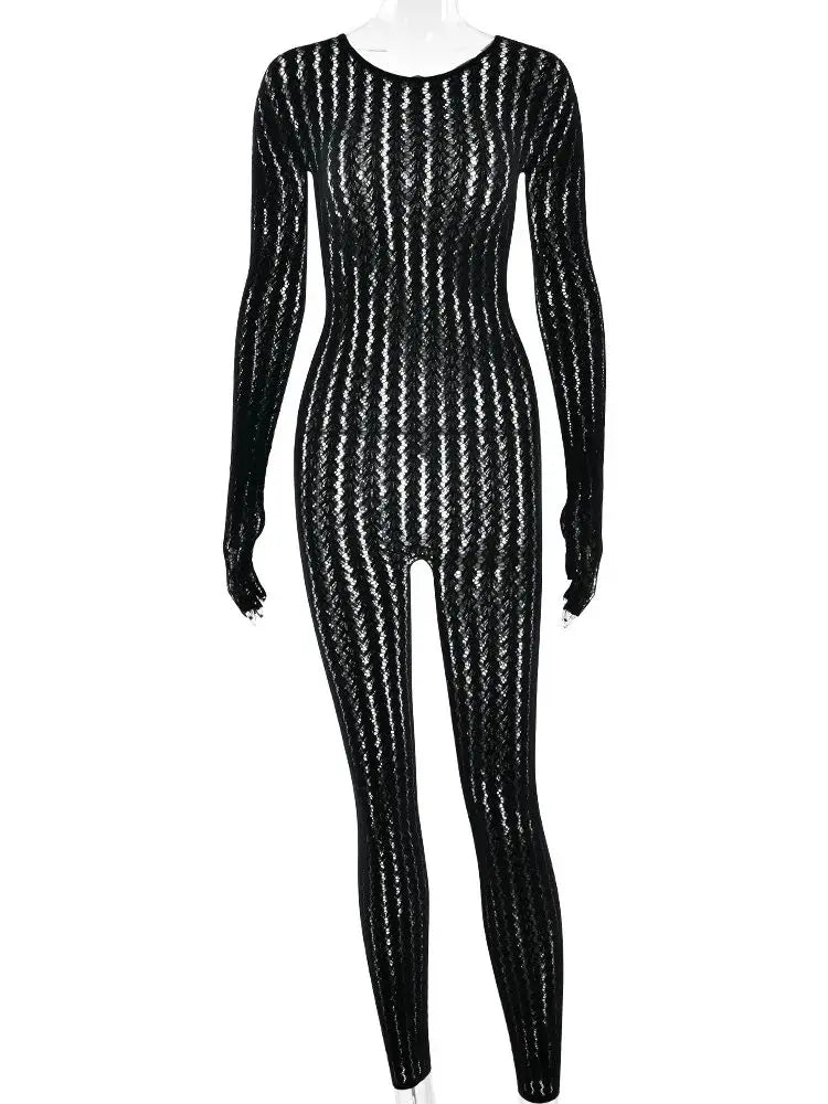 Sexy See Through Jumpsuit Women Coquette o-Neck Full Sleeve Stretch Hipster Skinny Fit 2026 Spring Clubwear Overalls