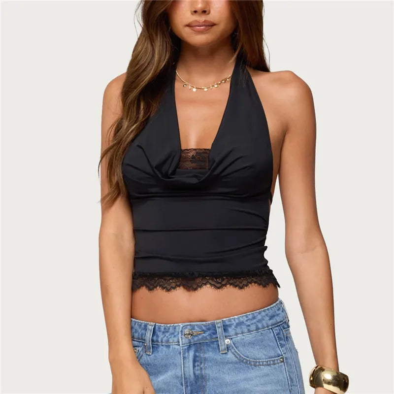 Sexy Women's Halter Neck Vest Tops Summer Sleeveless Open Back Solid Color Slim Fit Lace Trim Tank Tops Party Clubwear