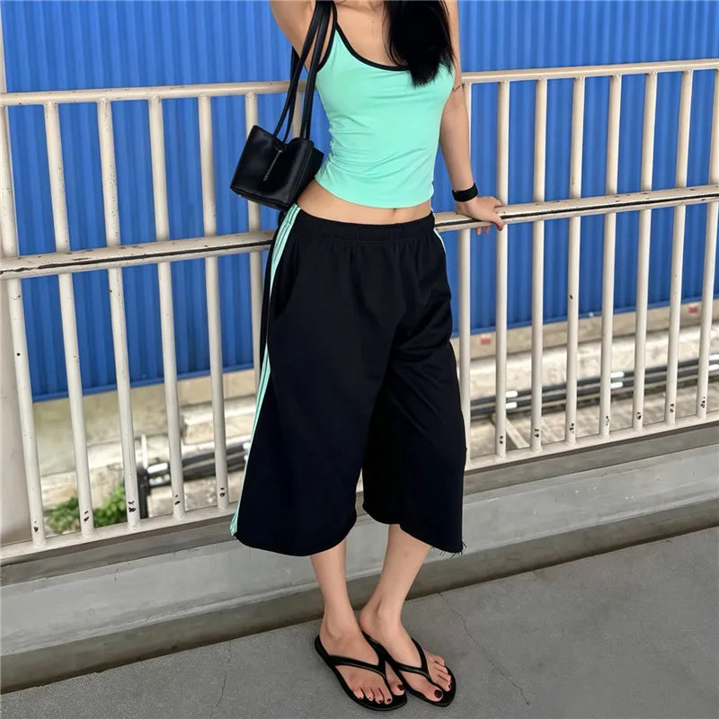 Women Side Striped Wide Leg Capri Pants Elastic Waist Raw Hem Loose Baggy Cropped Sweatpants Casual Jogger Trousers