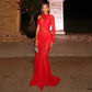 Mesh Sheer Sexy Red Evening Party Dresses Woman Elegant Christmas Asymmetrical Cutout Long Sleeve Maxi Dress