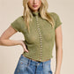 Women Semi Sheer Knit Top Mock Neck Button Front Short Sleeve Slim Cropped Tee Y2K Vintage See Through Knitwear Blouse