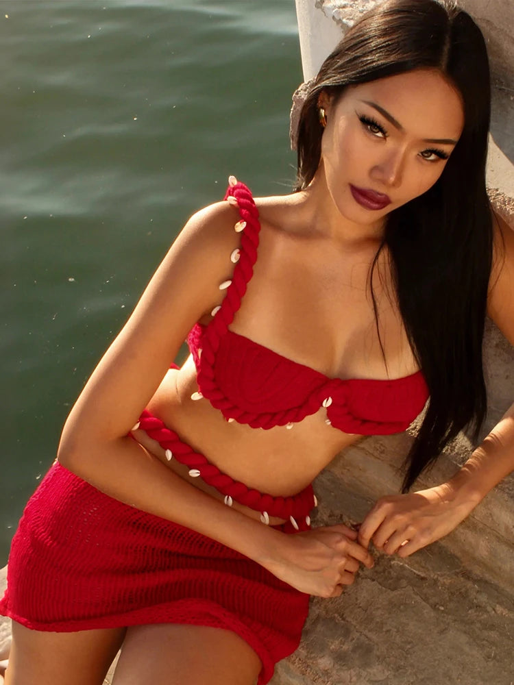 Crochet Applique Patchwork 2 Piece Set Women Sexy Backless Crop Tops+Bandage Hollow Skirts Vacation Beach Party Suits