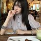 Single-Breasted t-Shirt Women See Through Folds Puff Sleeve Line Decoration Sweet Summer Fashion Daily Streetwear