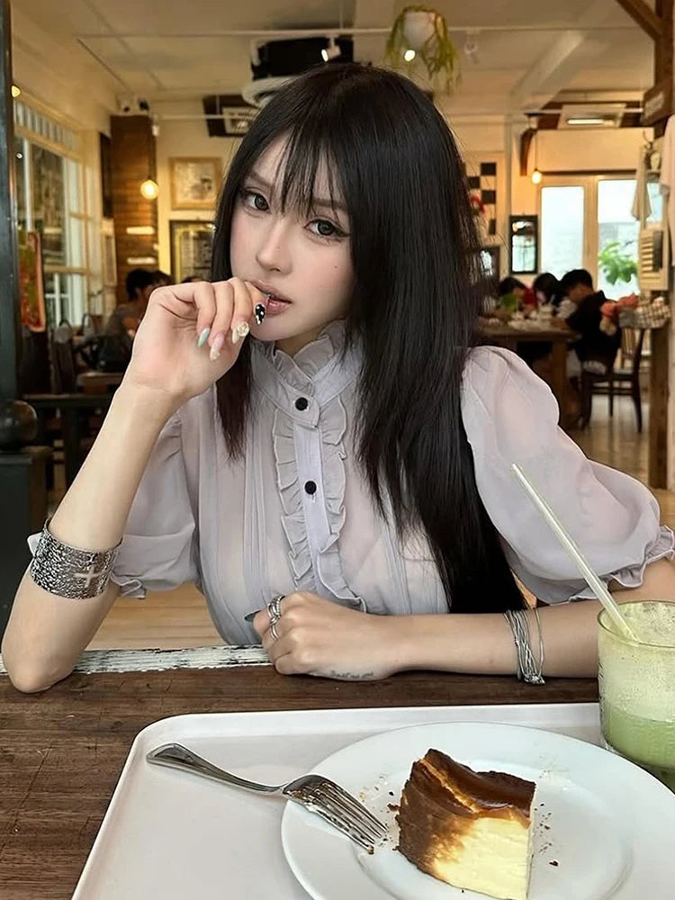 Single-Breasted t-Shirt Women See Through Folds Puff Sleeve Line Decoration Sweet Summer Fashion Daily Streetwear