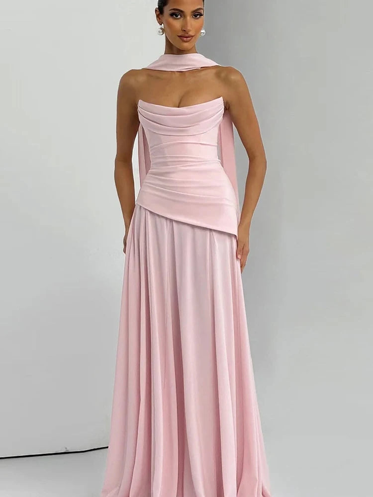 Fashion Elegant Solid Scarf+Maxi Dress Women Low-Neck Folds Sleeveless Skinny Wedding Party Vacation Matching Summer Suit