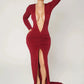 High Split Elegant Deep V-Neck Dress Women Sexy Simple Ruched Full Sleeve Fashion Classic Banquet Party Club Maxi Bodycon