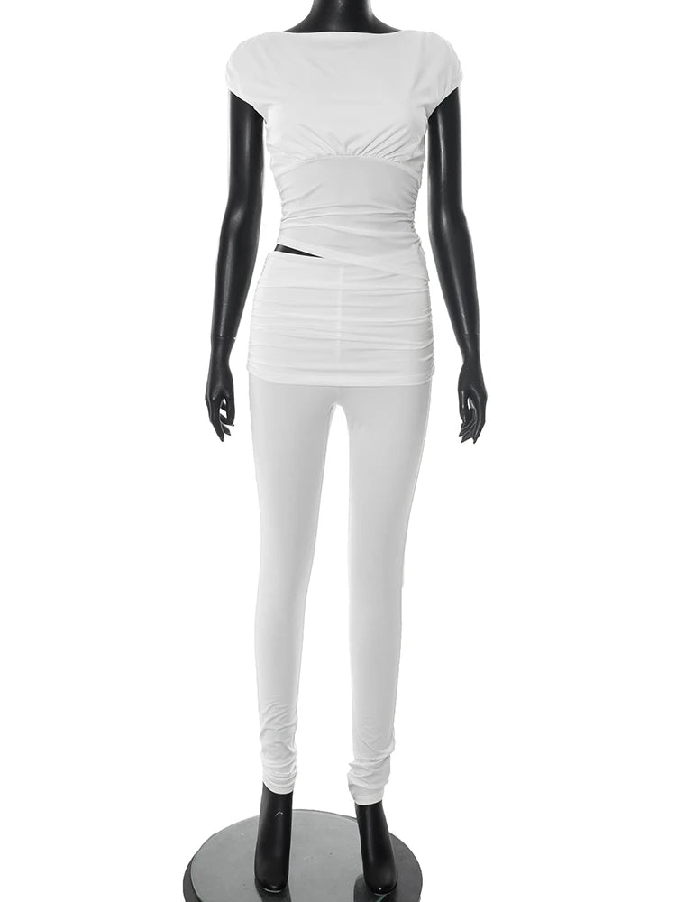 Daily Casual 2 Piece Set Women Ruched o-Neck Sleeveless Crop Tops+Skinny Long Pants Street Solid Simple Fashion Suits