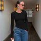 Crew Neck Long Sleeve Asymmetrical Tops Solid Color Tight Fitted T Shirts Fashion 2025 Fall Clothes Woman