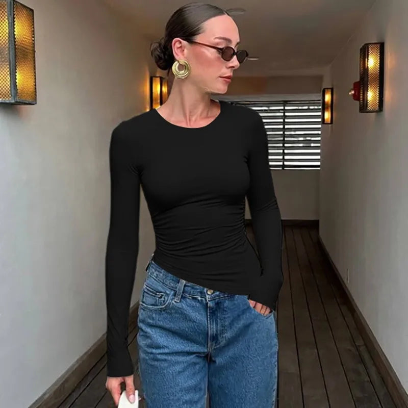 Crew Neck Long Sleeve Asymmetrical Tops Solid Color Tight Fitted T Shirts Fashion 2025 Fall Clothes Woman