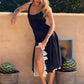 Women Black Sleeveless Midi Dress U Neck Slim Fit Contrast White Ruffle Split Long Dress Elegant Holiday Party Dresses