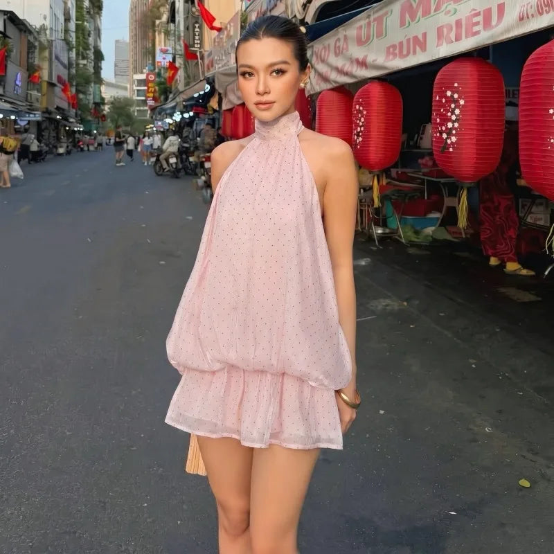 Polka Dot Pink Halter Backless Fluffy Mini Dresses for Women Princess Dress Summer 2026