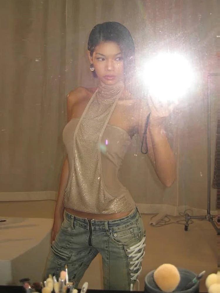 Plaid halter Tank Tops Women Patchwork Rhinestones Wrap Skinny Sleeveless Backless Summer Trend Midnight Hottie Tops