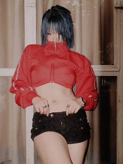 Casuals Patchwork Crop Jacket Women Y2K Hipster Elastic Cuffs Full Sleeve Zip Basic Classics Club Street Autumn Coat