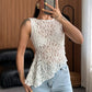 Summer Lace Sexy Tank Top Women Fashion O Neck See Through Sleeveless Tank Tops Vest Female Elegant Irregular Top Tees
