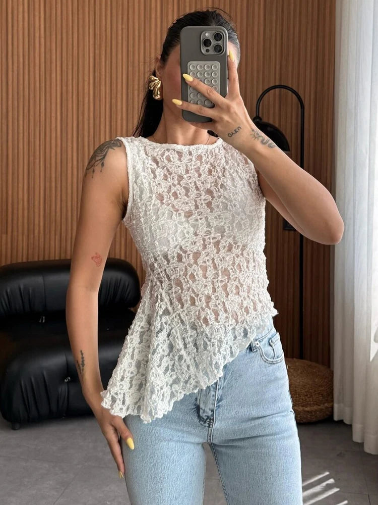Summer Lace Sexy Tank Top Women Fashion O Neck See Through Sleeveless Tank Tops Vest Female Elegant Irregular Top Tees
