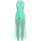 Elegant Backless Dress Women Deep V-Neck Halter Ruched Split Mesh Patchwork Sexy Party Club Peach Buttocks Vestidos