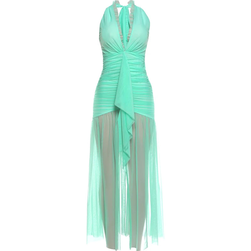 Elegant Backless Dress Women Deep V-Neck Halter Ruched Split Mesh Patchwork Sexy Party Club Peach Buttocks Vestidos