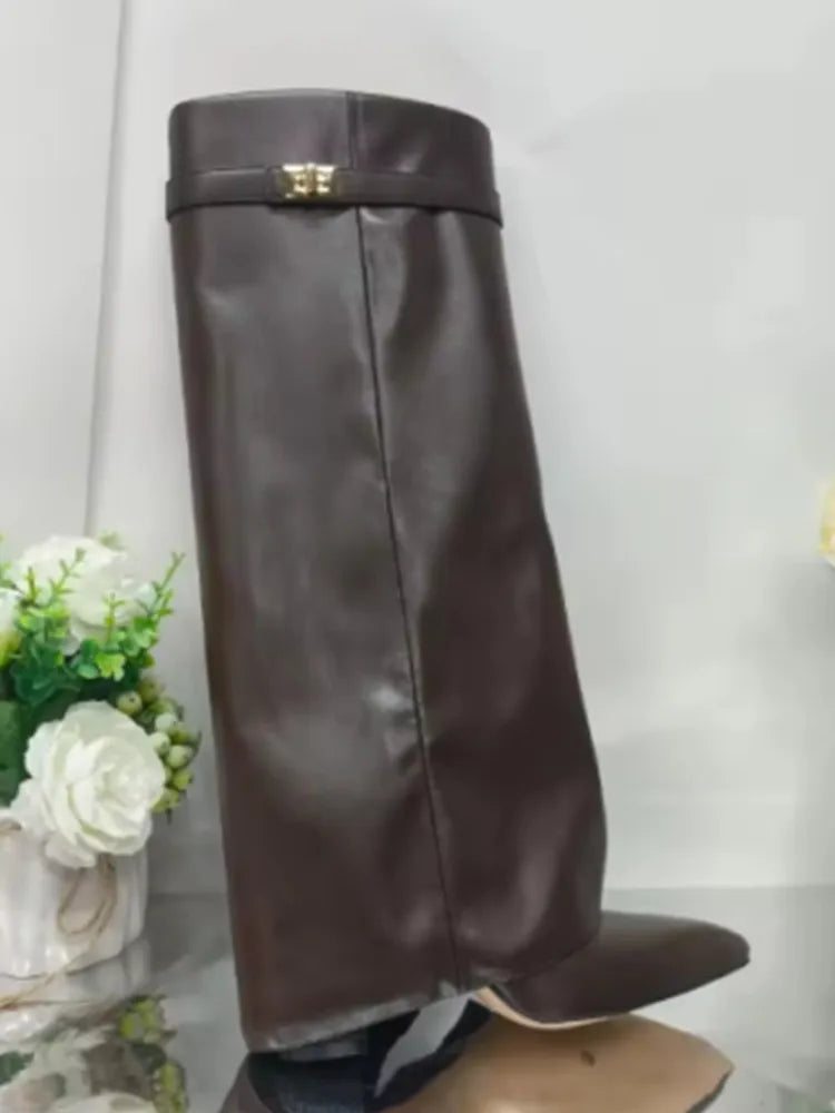 Autumn and Winter New Pointed Metal Buckle Knee High Women's Boots, Thick High-heeled Pants Boots, Fashionable Mid Leg Boots