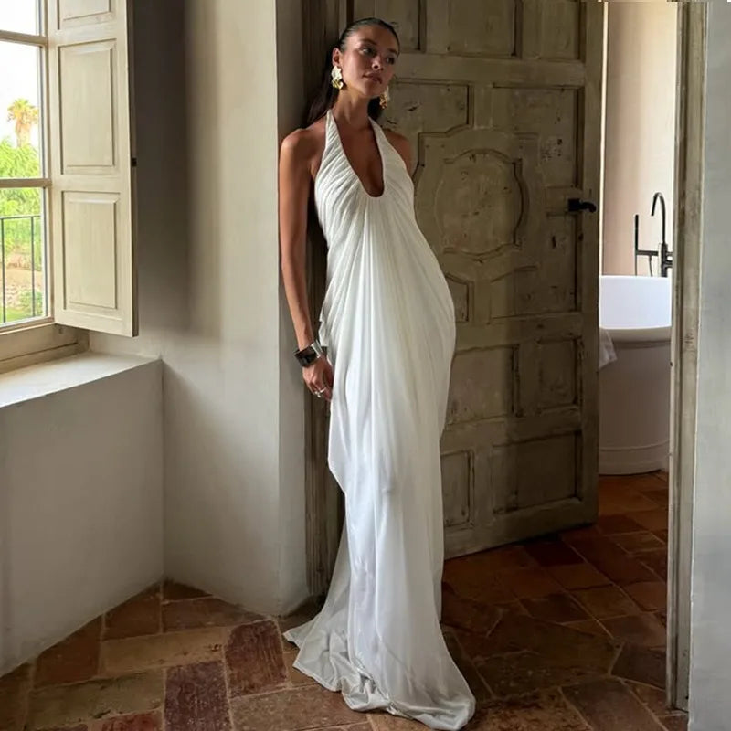 V Neck Backless Sleeveless Pleated Long Maxi Dress Sexy Mesh White Dresses for Woman Party Wedding