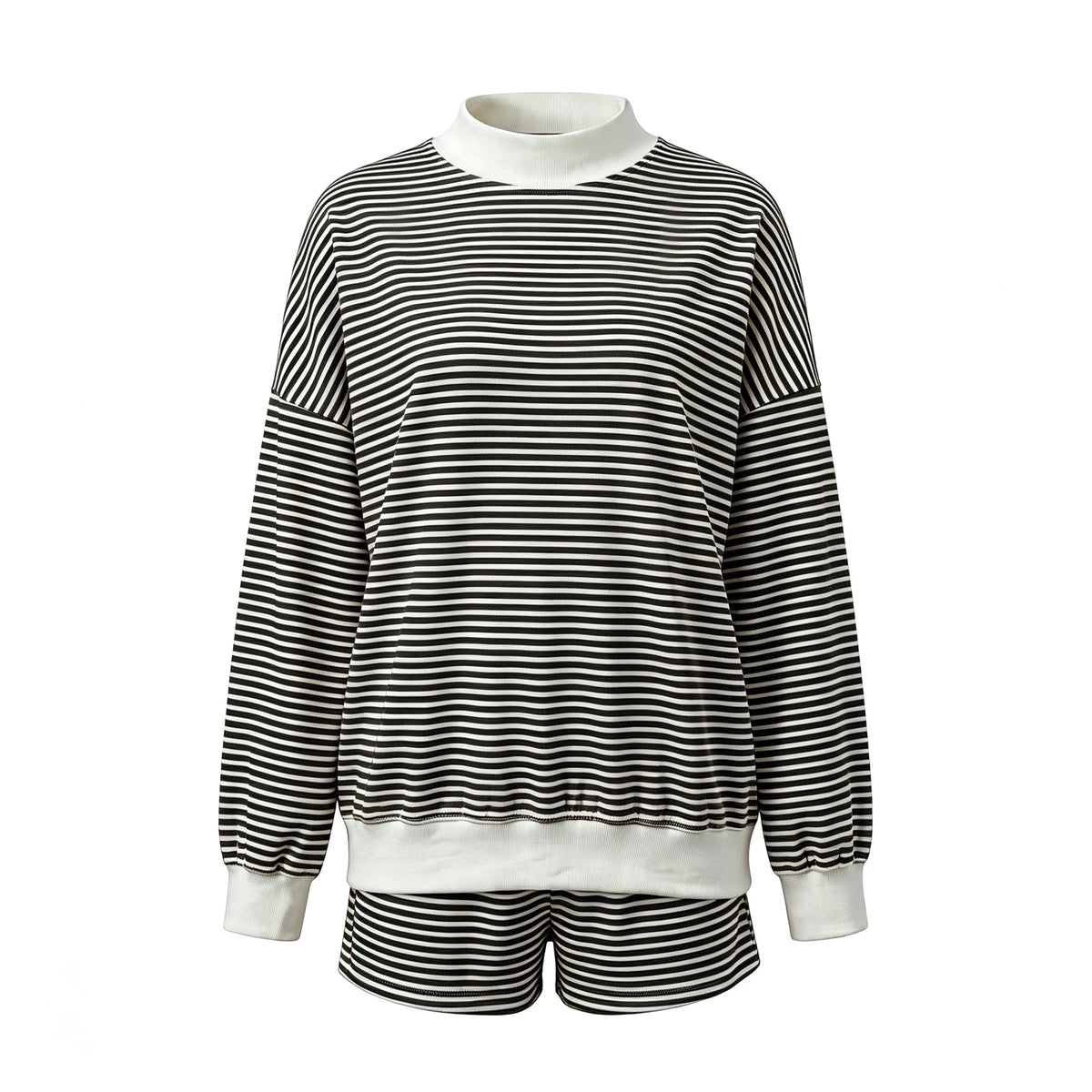 Women Mock Neck Striped Loungewear Two Piece Set Oversized Long Sleeve Sweatshirt And Shorts Casual Pajama Outfit